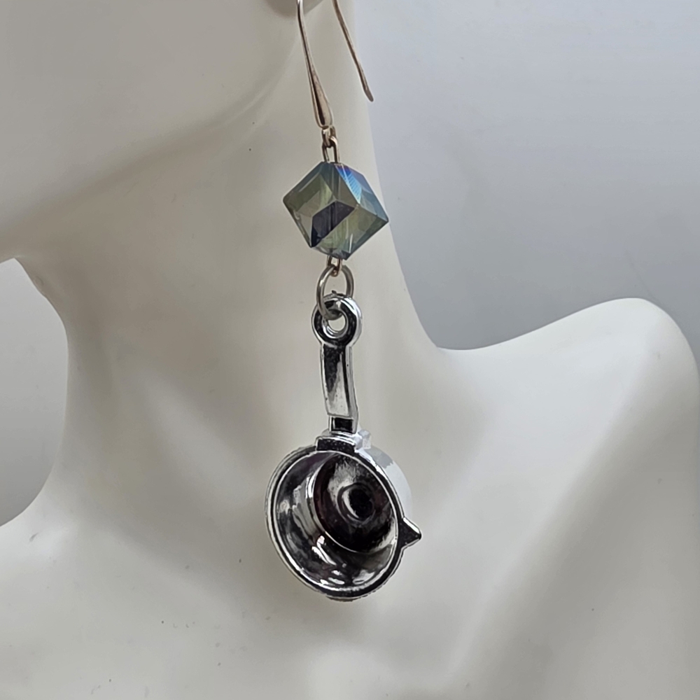 Silver Tone Pan Dangle Earrings with Iridescent Bead